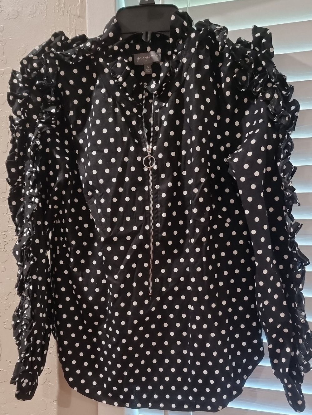 Greyson Black and White Polka Dot Ruffle Zip Blouse